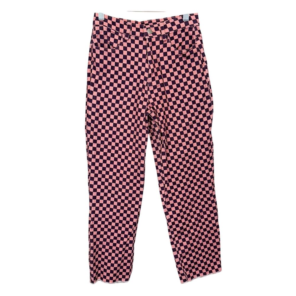 The Kit Checkerboard Straight Leg Pants 2 Pink Purple Y2K Indie E-girl Raw Hem